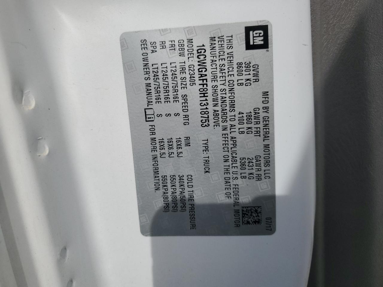 2017 Chevrolet Express G2500 Delivery Van VIN: 1GCWGAFF8H1318753 Lot: 92692435