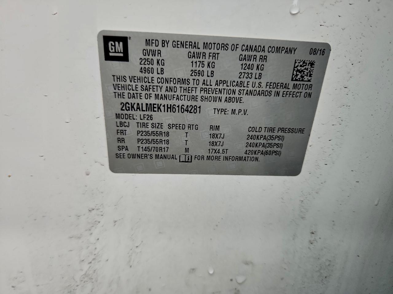 2017 GMC Terrain Sle VIN: 2GKALMEK1H6164281 Lot: 94097375