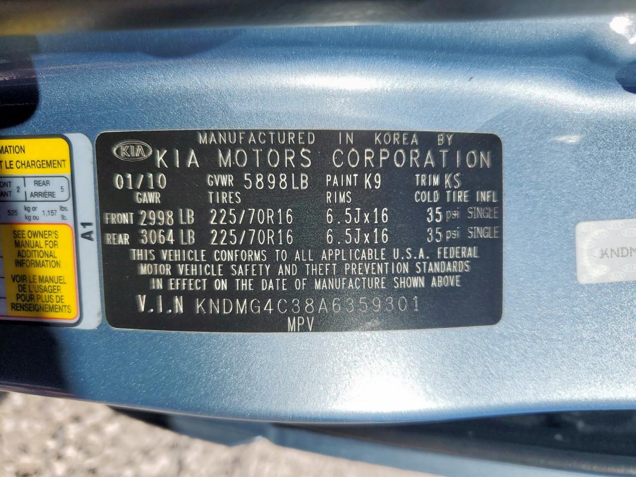 2010 Kia Sedona Lx VIN: KNDMG4C38A6359301 Lot: 91792085