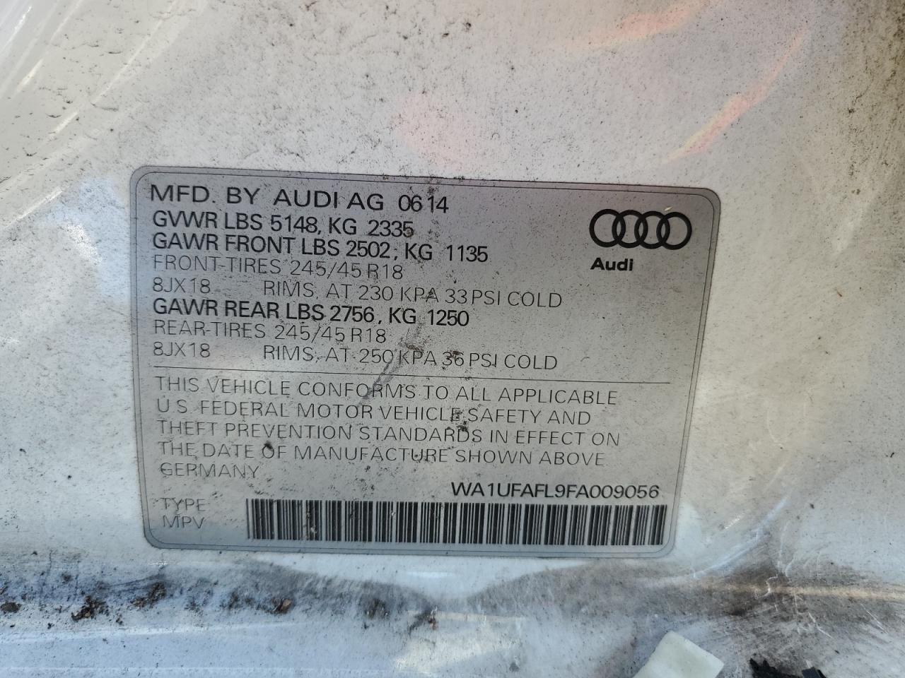 2015 Audi A4 Allroad Premium Plus VIN: WA1UFAFL9FA009056 Lot: 91893805