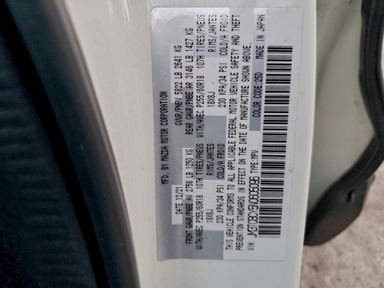 2022 Mazda Cx-9 Touring VIN: JM3TCBCY5N0605096 Lot: 93863275