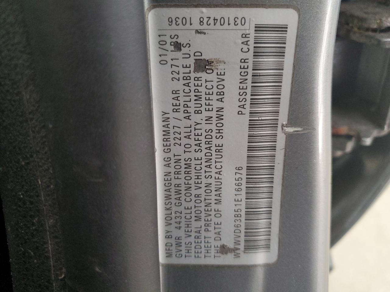 2001 Volkswagen Passat Gls VIN: WVWVD63B51E166576 Lot: 92596265