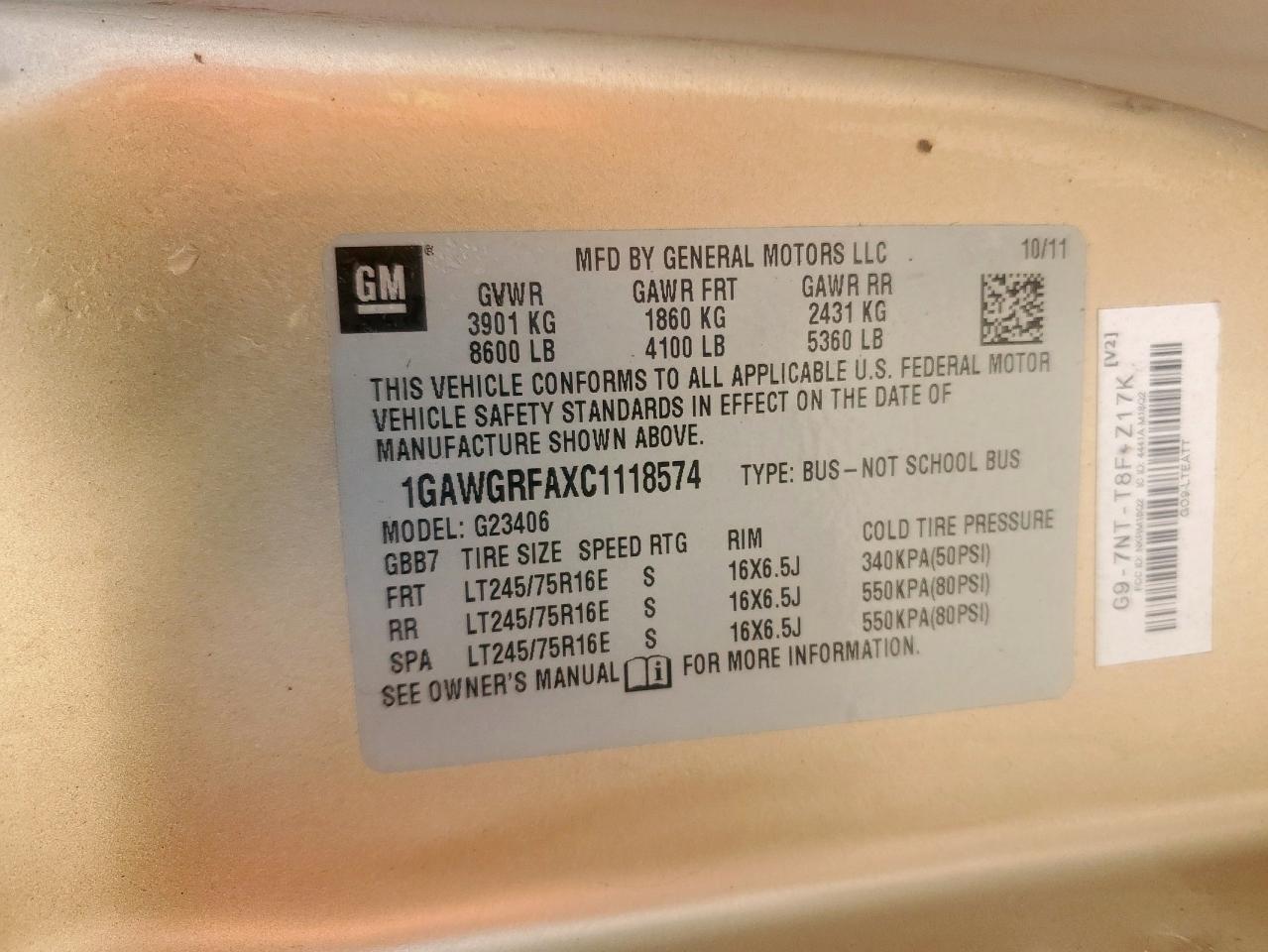 2012 Chevrolet Express G2500 Lt VIN: 1GAWGRFAXC1118574 Lot: 92643535