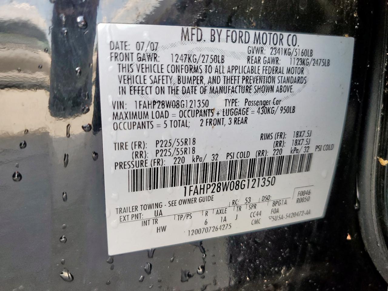 2008 Ford Taurus Limited VIN: 1FAHP28W08G121350 Lot: 92834445