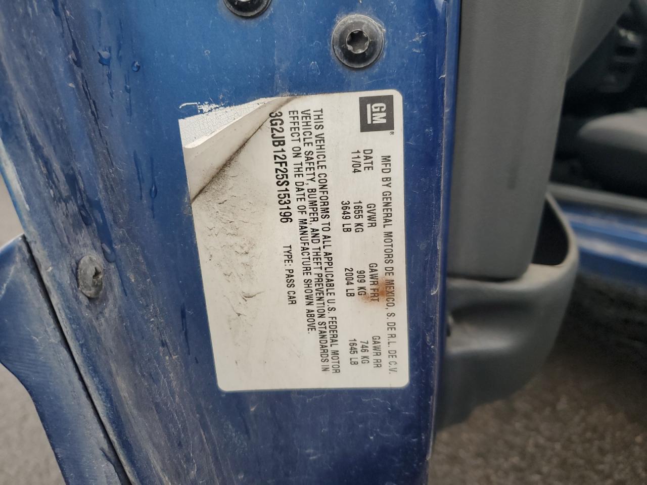 2005 Pontiac Sunfire VIN: 3G2JB12F25S153196 Lot: 93097005