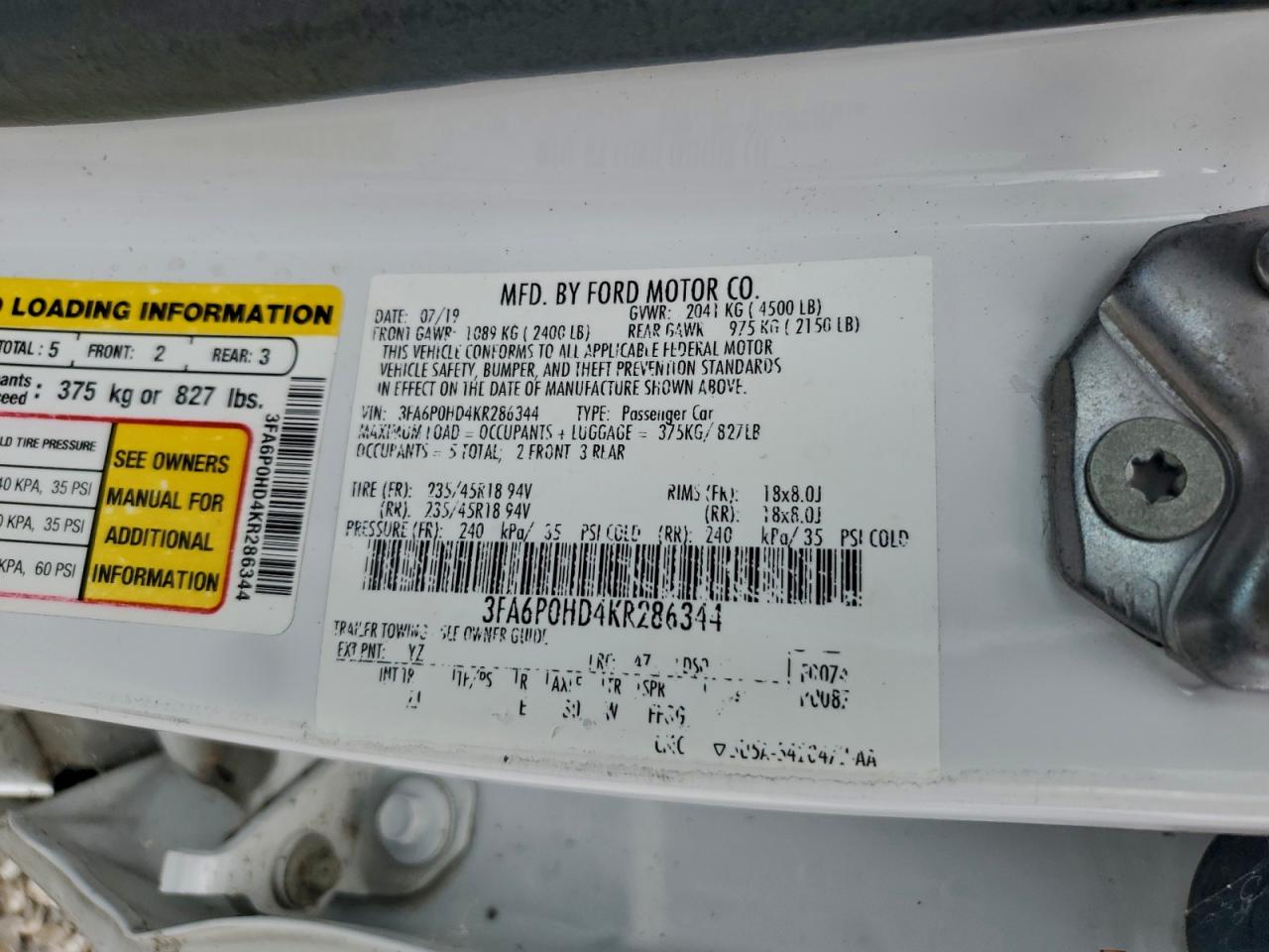 2019 Ford Fusion Se VIN: 3FA6P0HD4KR286344 Lot: 93536075