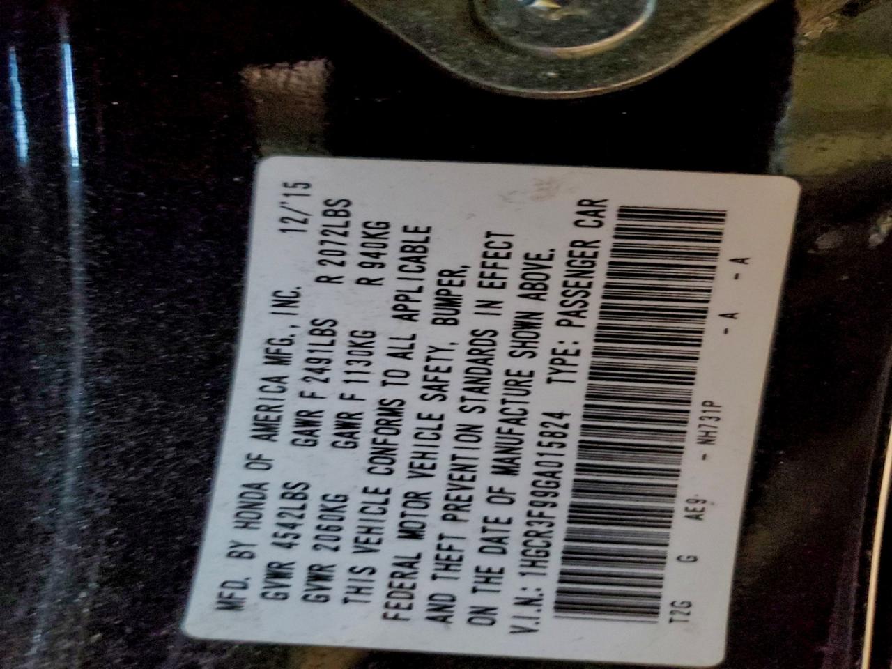 2016 Honda Accord Touring VIN: 1HGCR3F99GA015824 Lot: 94250155