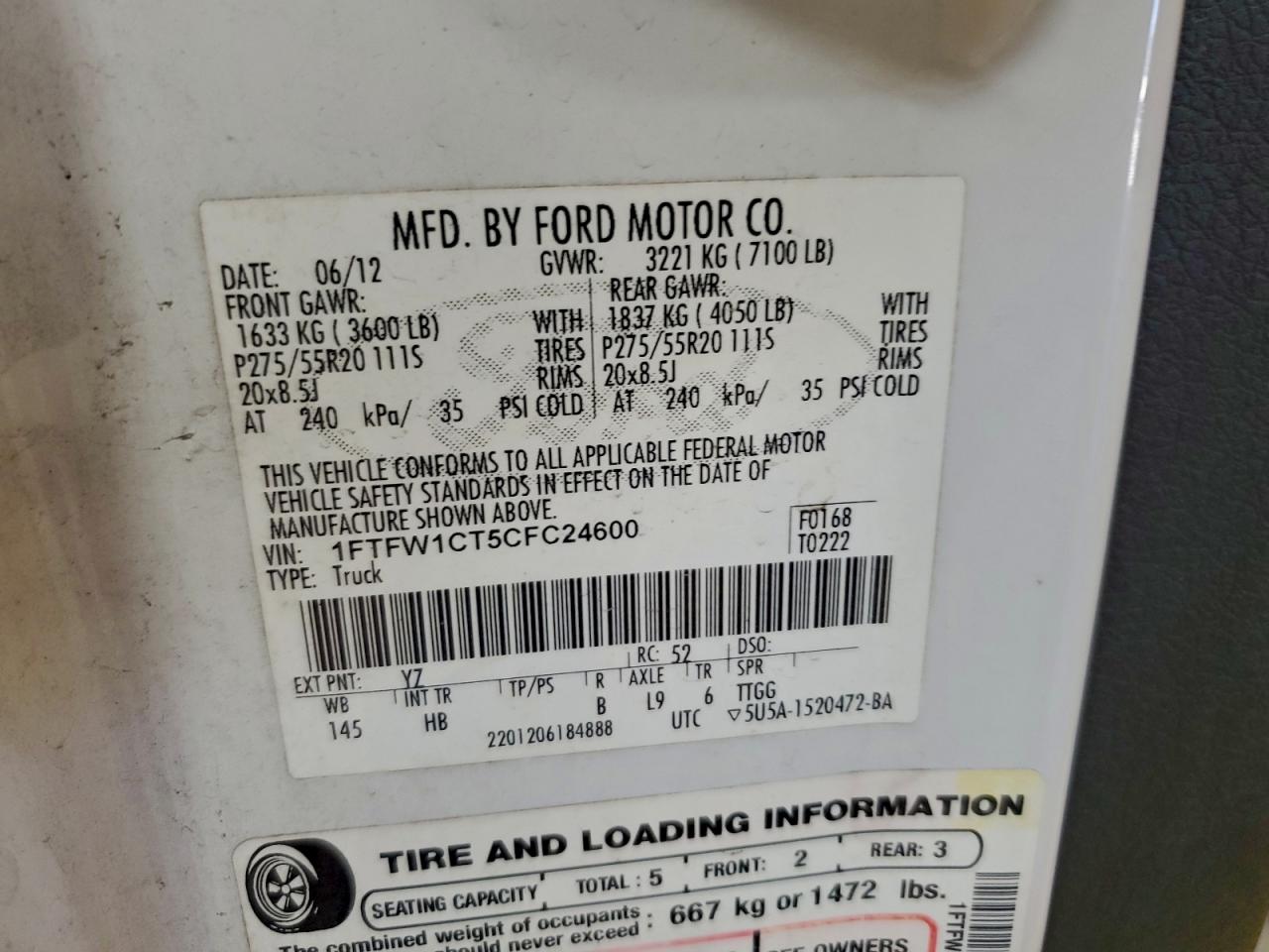 2012 Ford F150 Supercrew VIN: 1FTFW1CT5CFC24600 Lot: 93742045