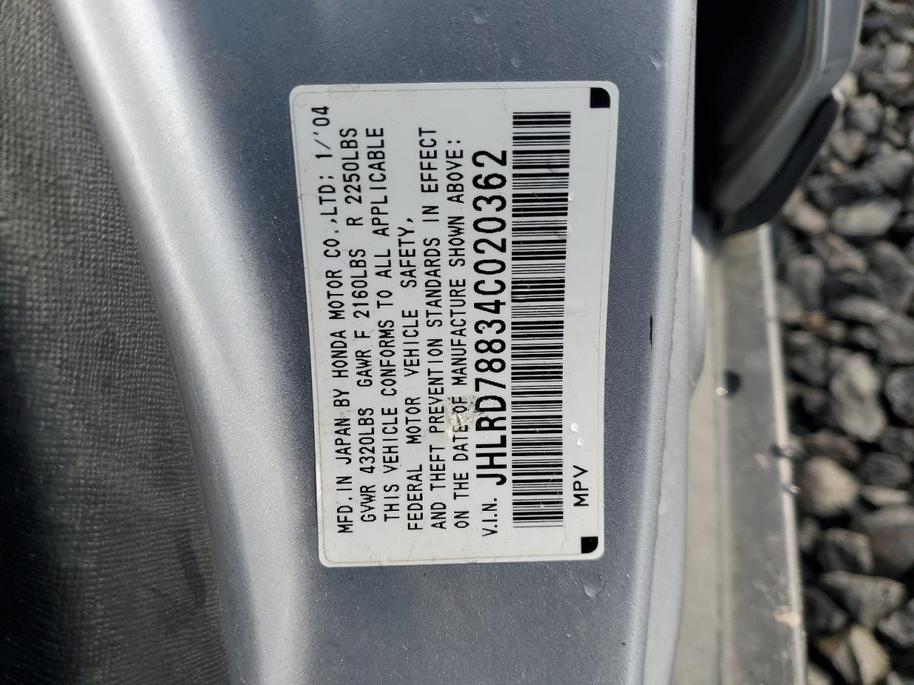 2004 Honda Cr-V Ex VIN: JHLRD78834C020362 Lot: 92938475