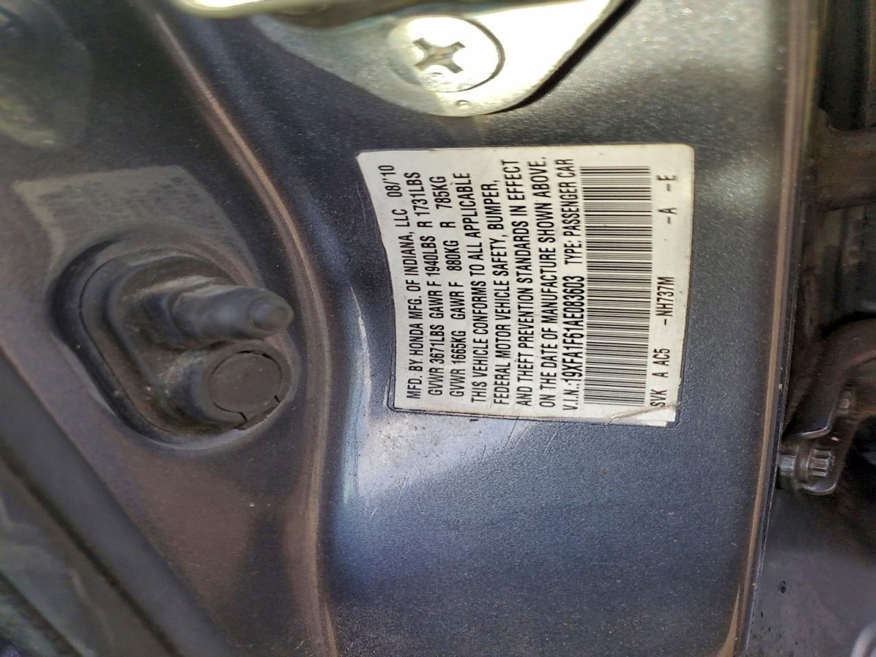 2010 Honda Civic Lx-S VIN: 19XFA1F61AE083603 Lot: 93856155