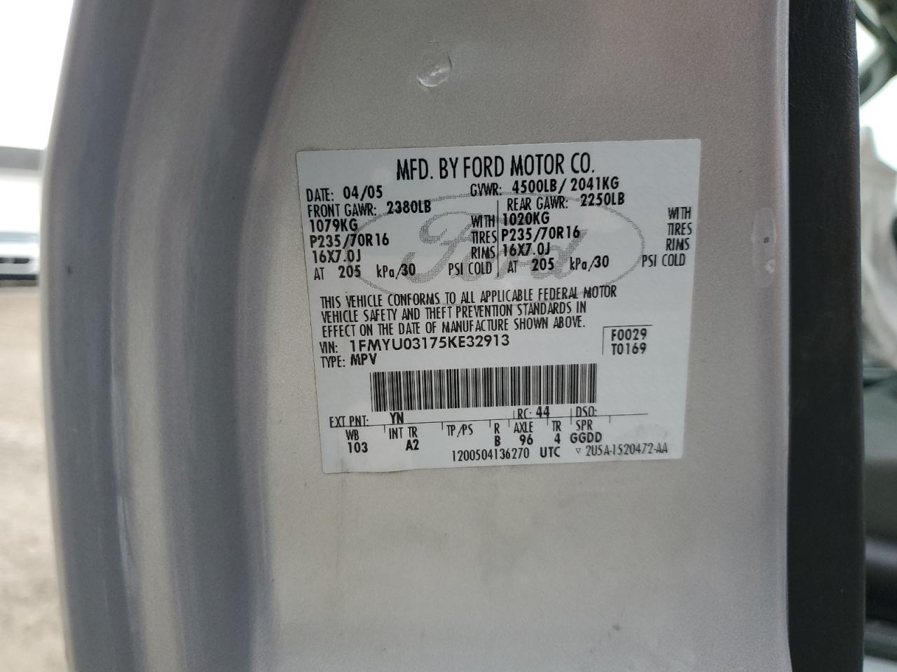 2005 Ford Escape Xlt VIN: 1FMYU03175KE32913 Lot: 90811865