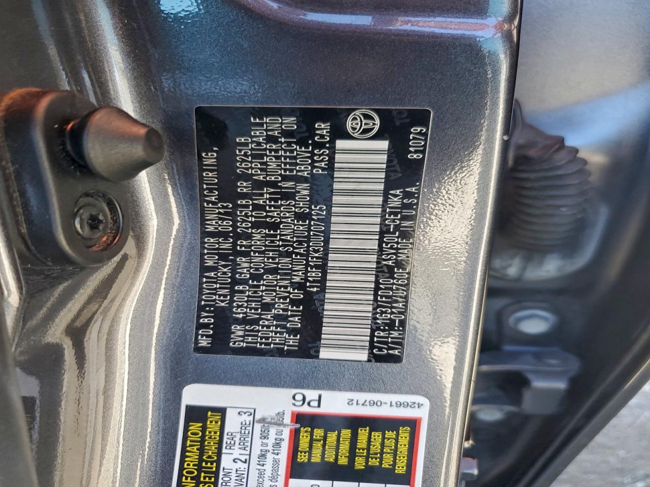 2013 Toyota Camry L VIN: 4T1BF1FK3DU707125 Lot: 94072725