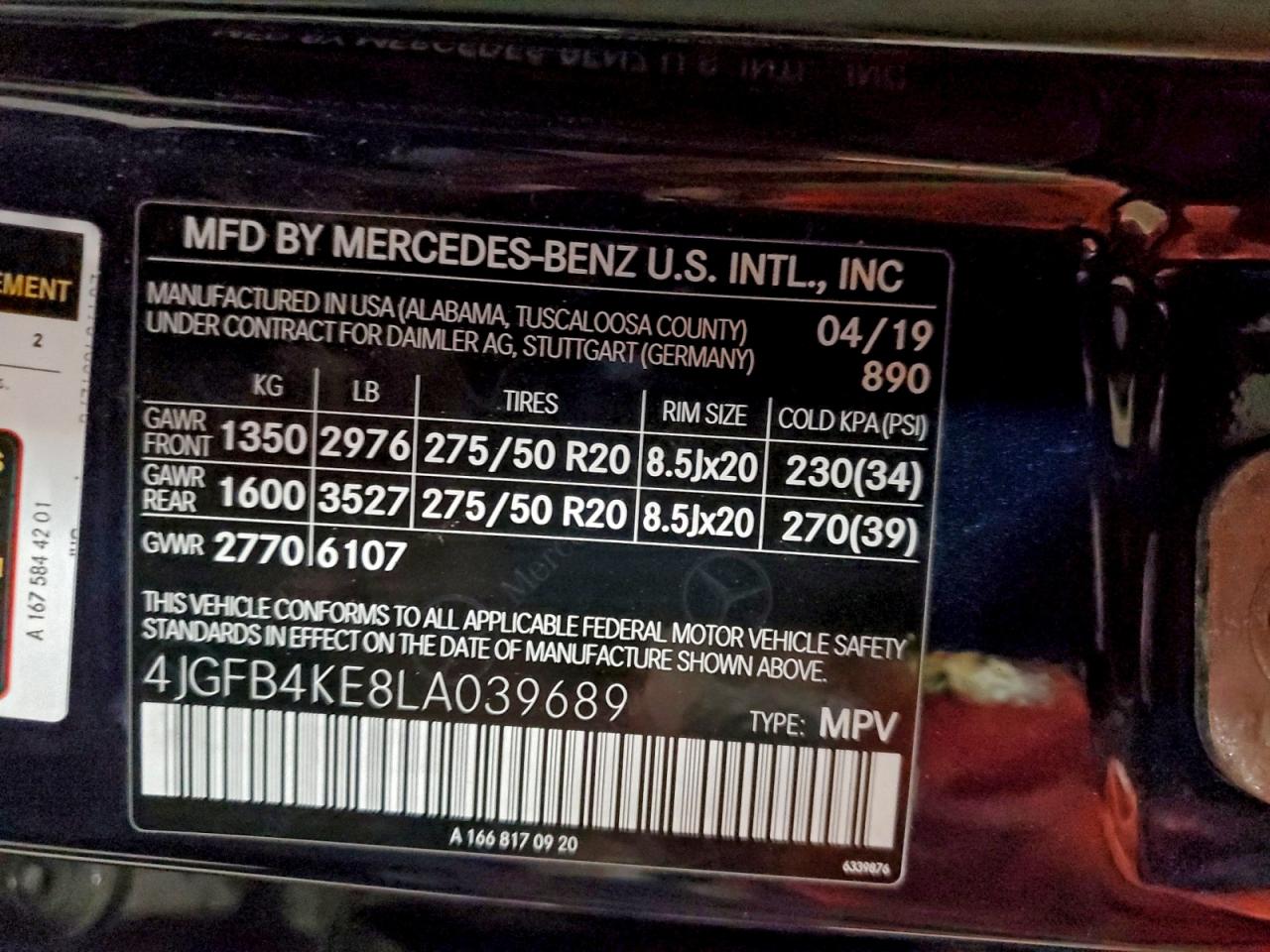 2020 Mercedes-Benz Gle 350 4Matic VIN: 4JGFB4KE8LA039689 Lot: 93833625