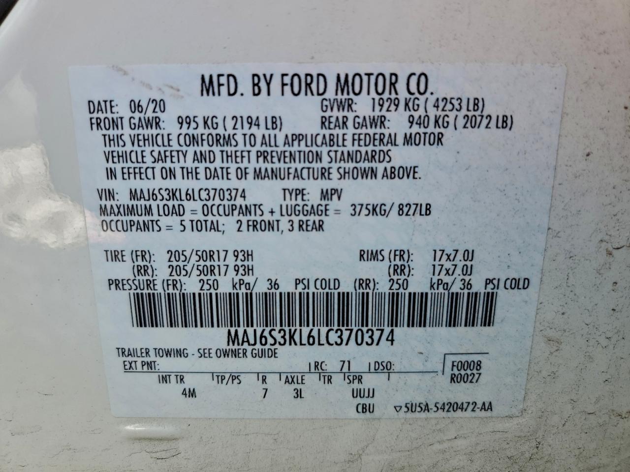 2020 Ford Ecosport Titanium VIN: MAJ6S3KL6LC370374 Lot: 94037795