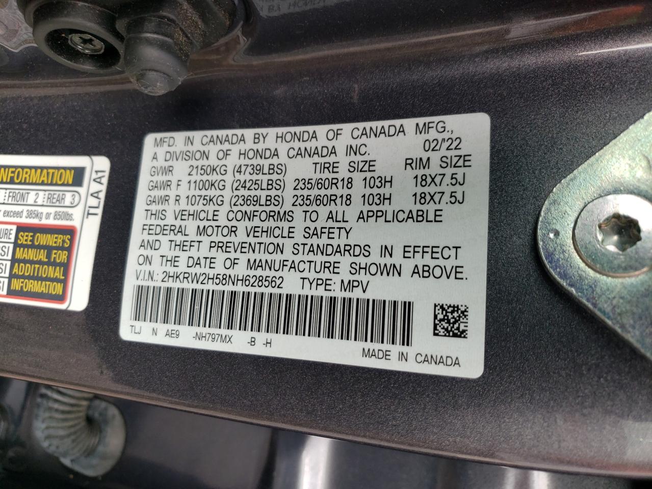 2022 Honda Cr-V Ex VIN: 2HKRW2H58NH628562 Lot: 91880445