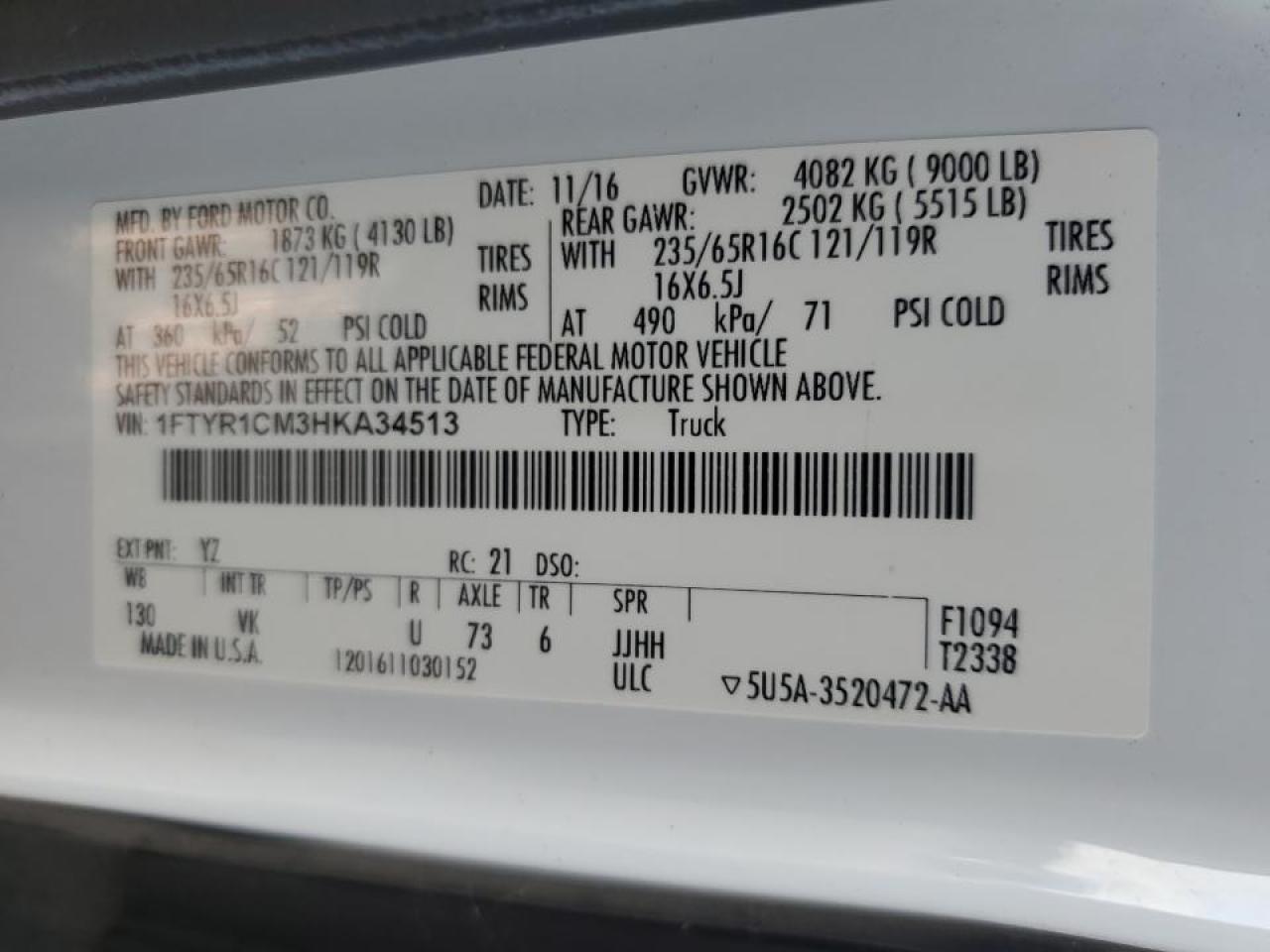 2017 Ford Transit Delivery Van VIN: 1FTYR1CM3HKA34513 Lot: 93293605