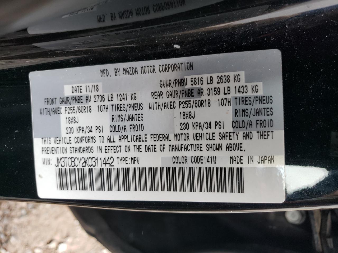 2019 Mazda Cx-9 Touring VIN: JM3TCBCY2K0311442 Lot: 91915825