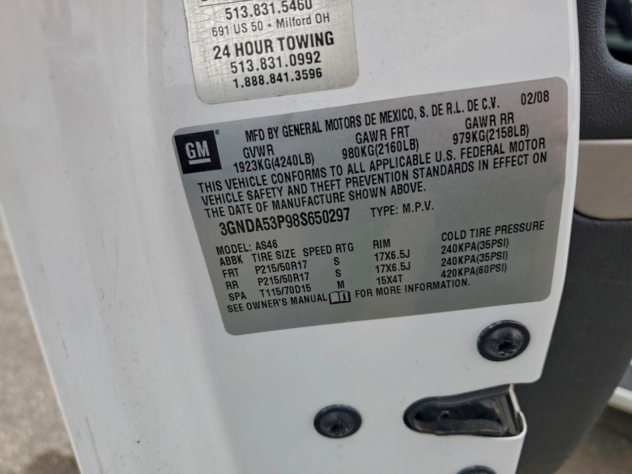 2008 Chevrolet Hhr Lt VIN: 3GNDA53P98S650297 Lot: 93960175