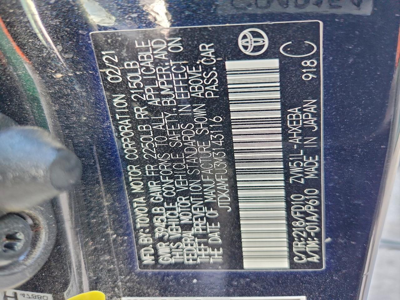 2021 Toyota Prius Special Edition VIN: JTDKAMFU3M3143116 Lot: 94226385