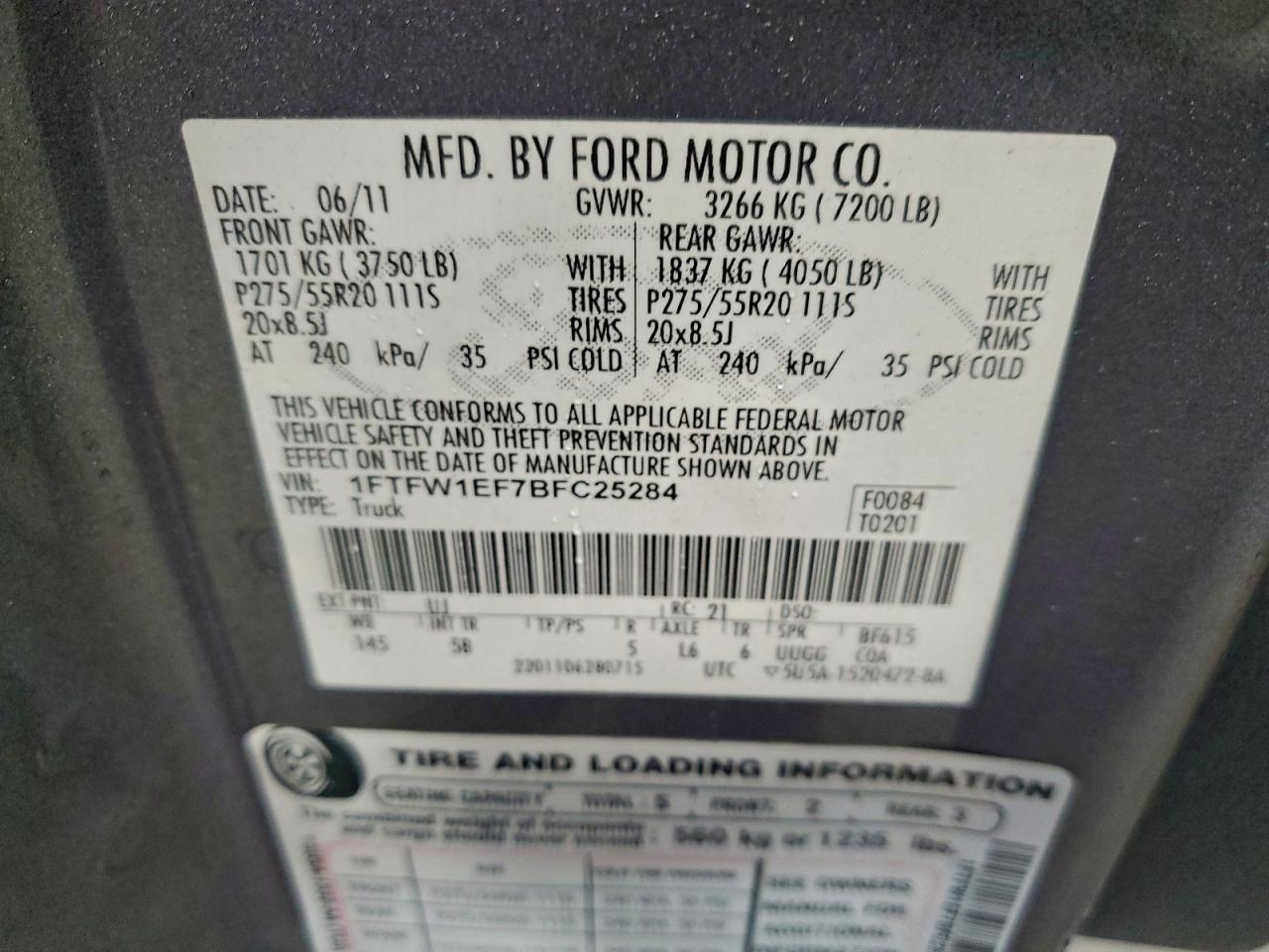 2011 Ford F150 Supercrew VIN: 1FTFW1EF7BFC25284 Lot: 93766515