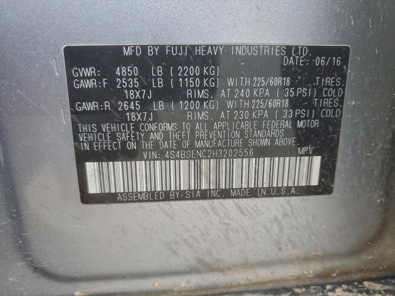 2017 Subaru Outback 3.6R Limited VIN: 4S4BSENC2H3202556 Lot: 94149995