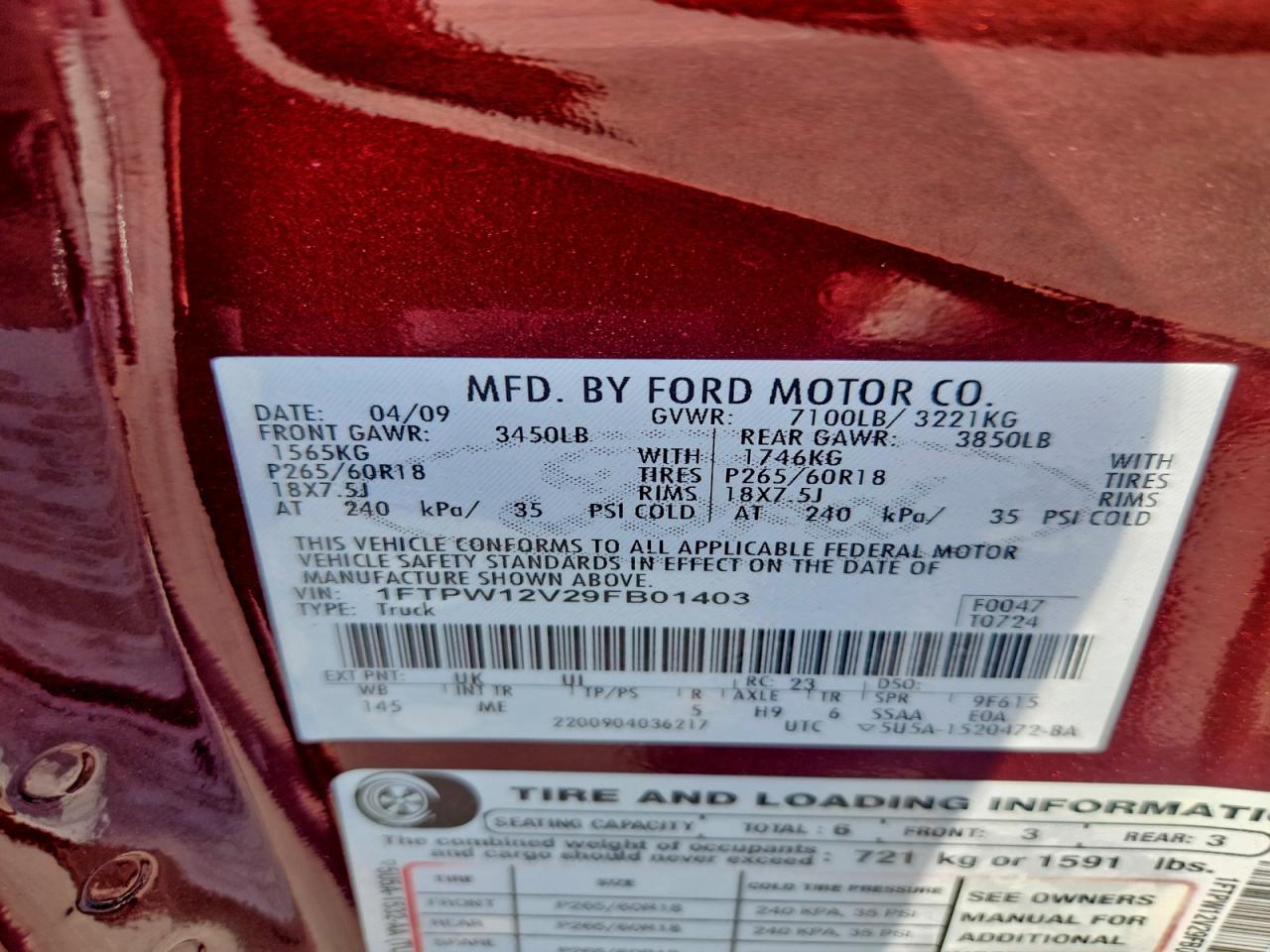 2009 Ford F150 Supercrew VIN: 1FTPW12V29FB01403 Lot: 93115235