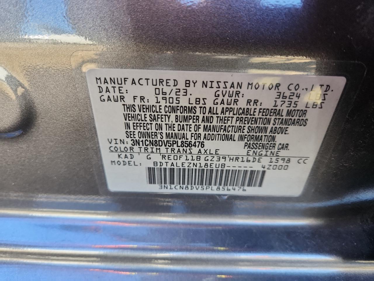 2023 Nissan Versa S VIN: 3N1CN8DV5PL856476 Lot: 90351055