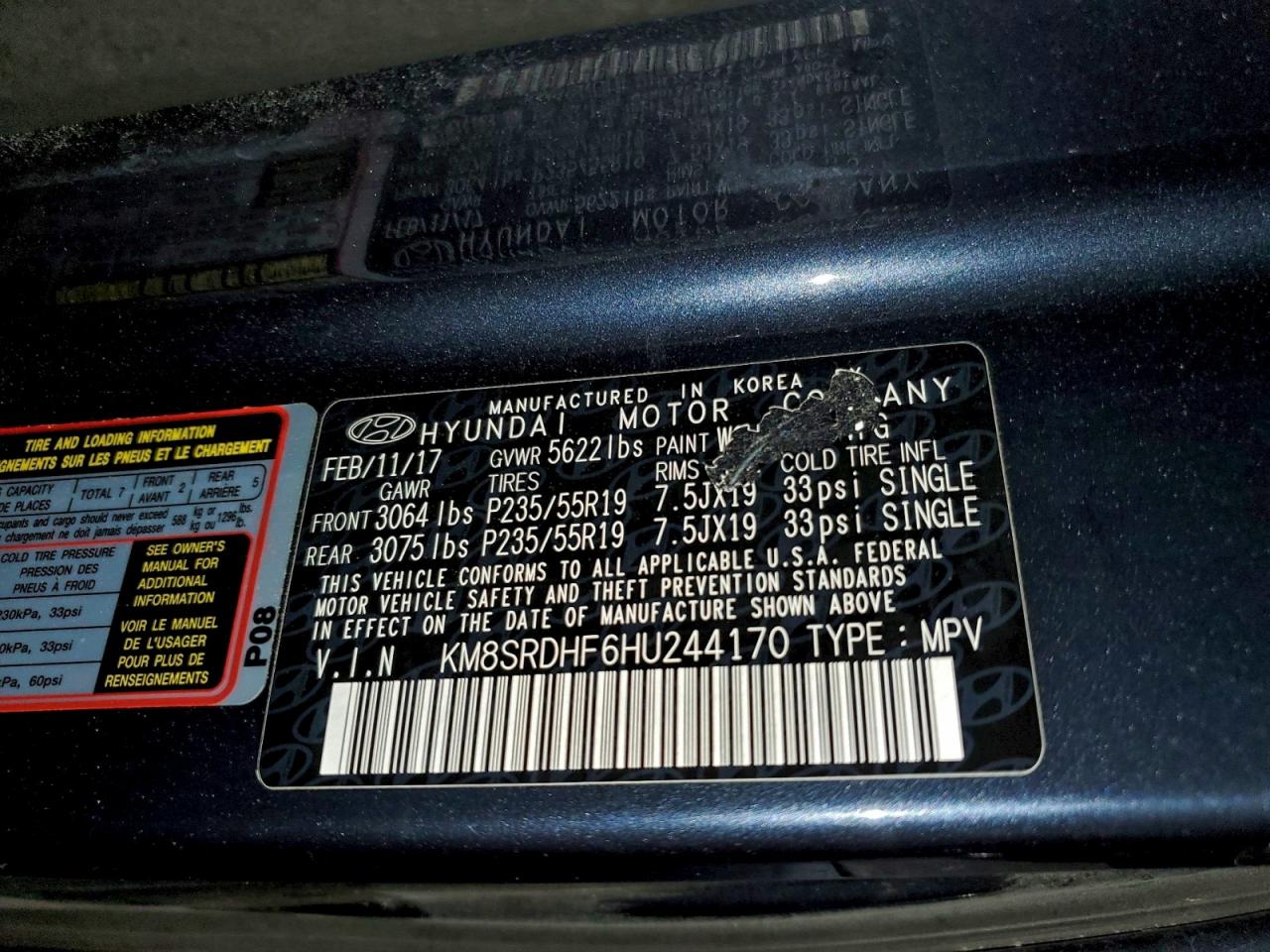 2017 Hyundai Santa Fe Se Ultimate VIN: KM8SRDHF6HU244170 Lot: 94254495