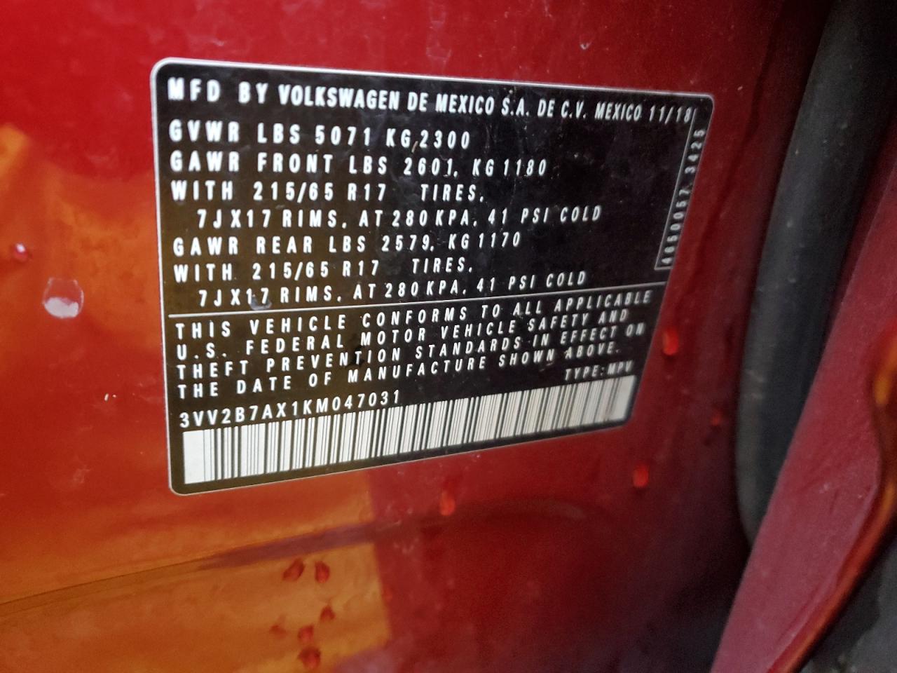 2019 Volkswagen Tiguan Se VIN: 3VV2B7AX1KM047031 Lot: 93480545