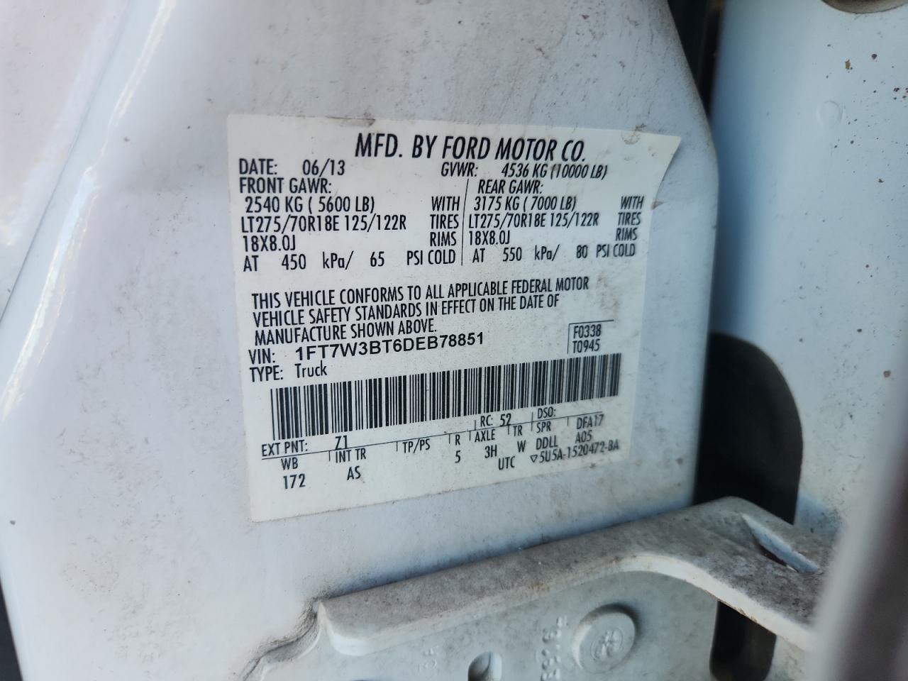 2013 Ford F350 Super Duty VIN: 1FT7W3BT6DEB78851 Lot: 94286385