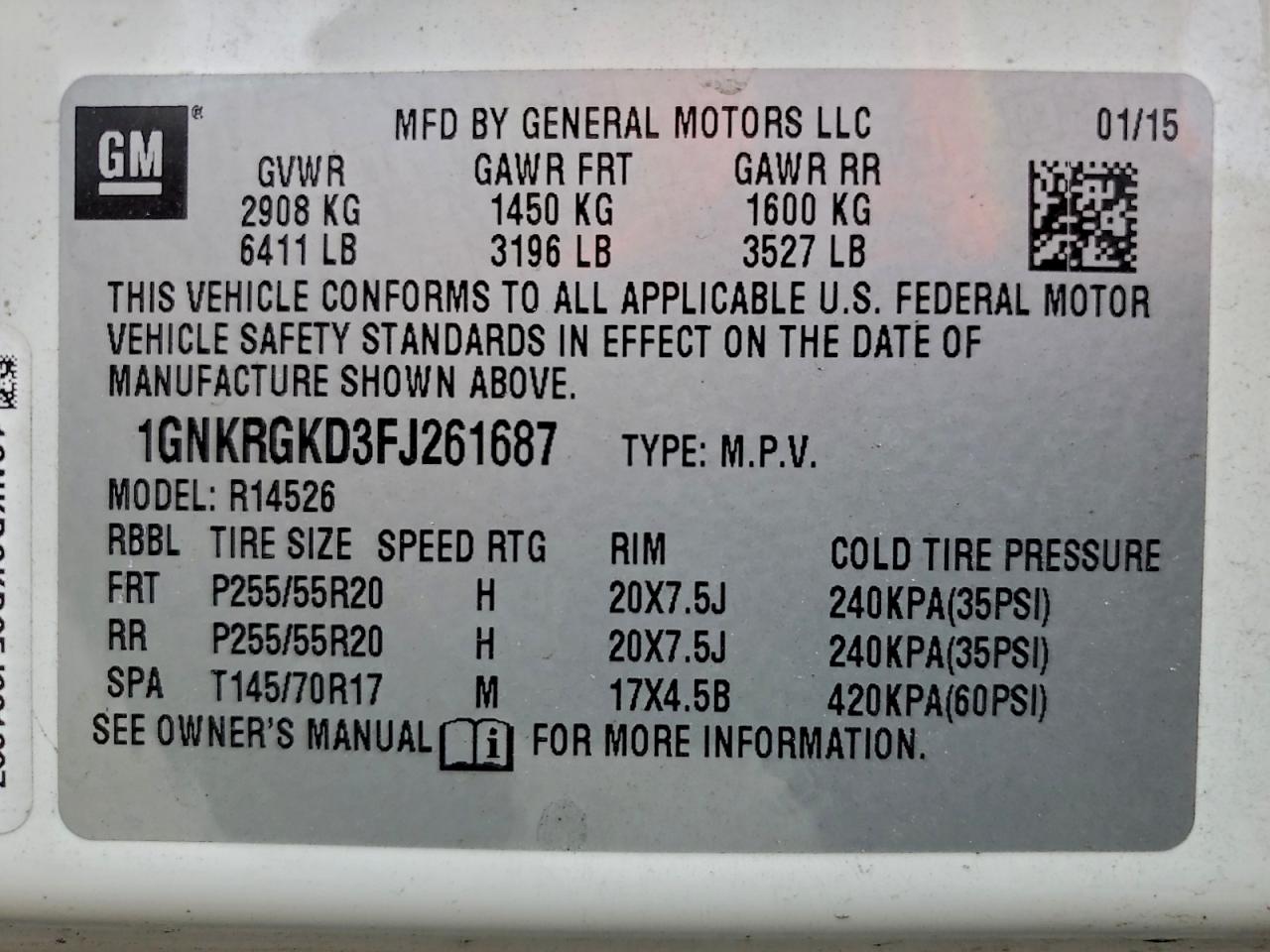 2015 Chevrolet Traverse Lt VIN: 1GNKRGKD3FJ261687 Lot: 93765995