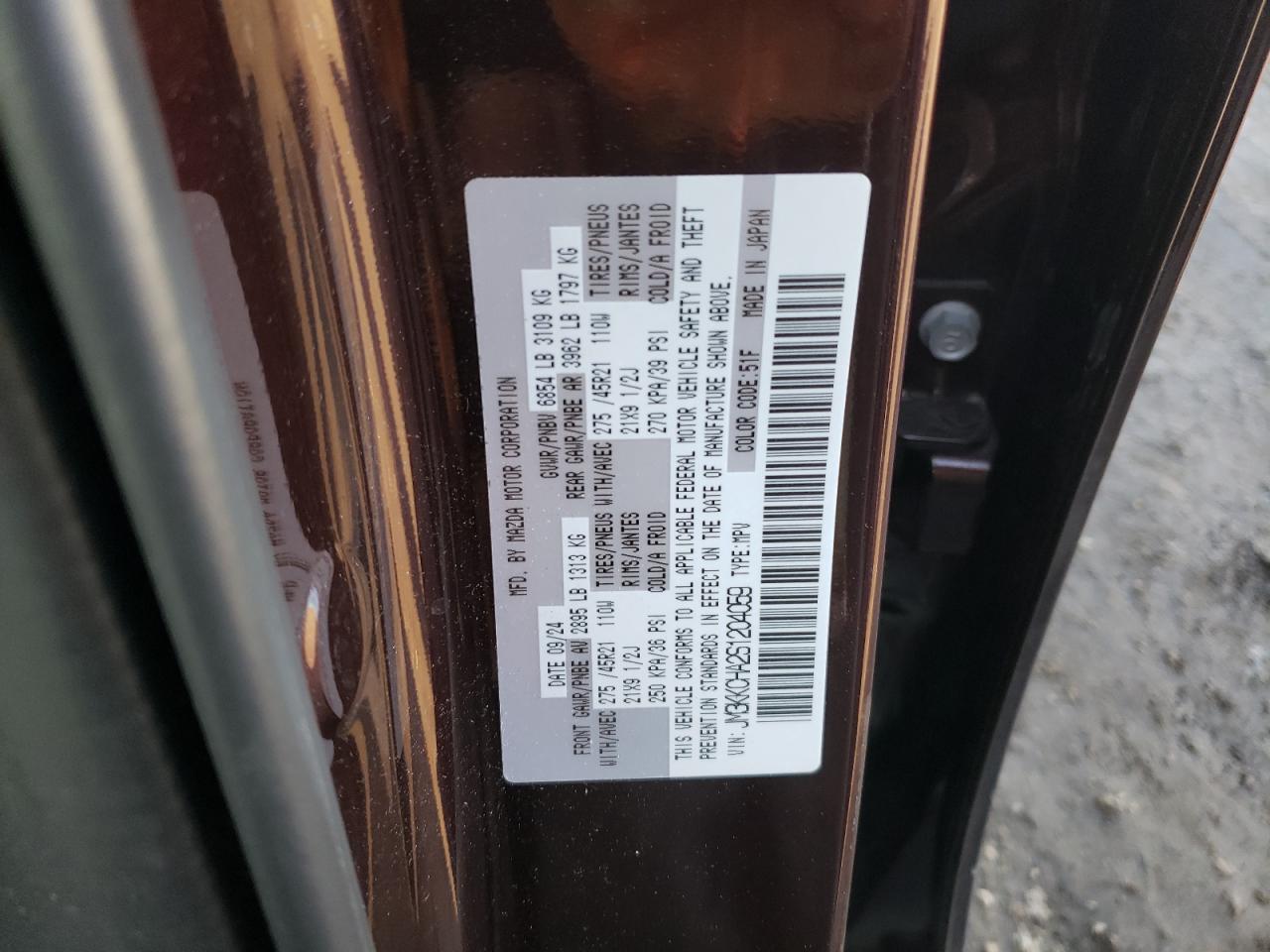 2025 Mazda Cx-90 Premium Sport VIN: JM3KKCHA2S1204059 Lot: 92731635