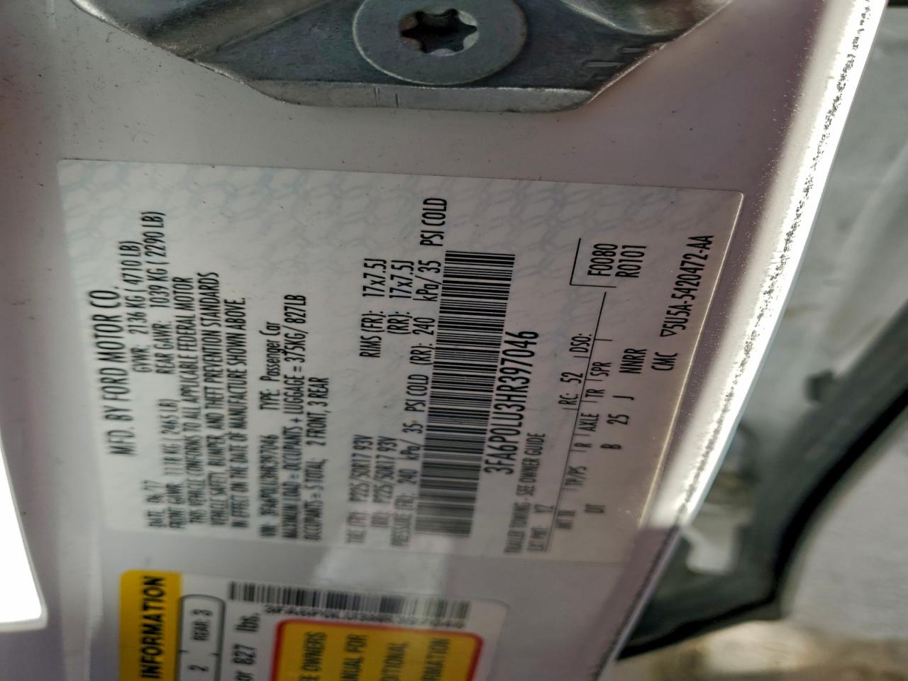 2017 Ford Fusion Se Hybrid VIN: 3FA6P0LU3HR397046 Lot: 91640745