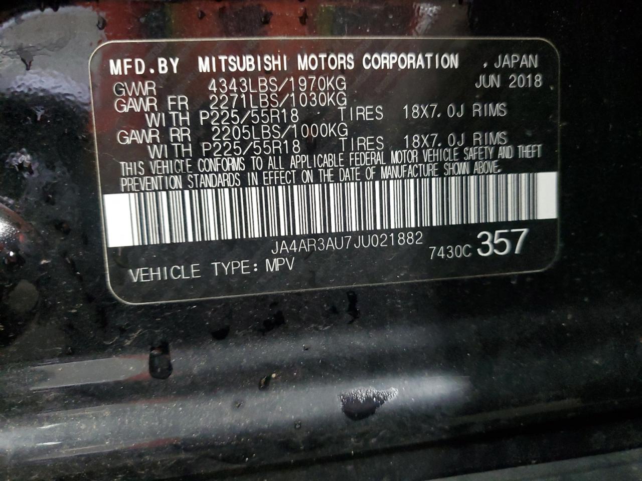 2018 Mitsubishi Outlander Sport Es VIN: JA4AR3AU7JU021882 Lot: 90936585