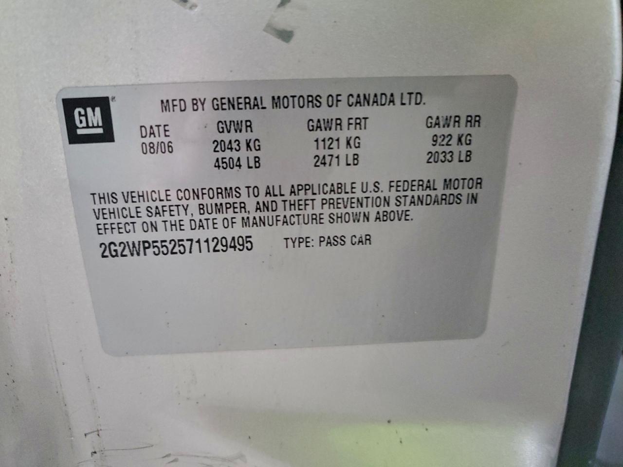 2007 Pontiac Grand Prix VIN: 2G2WP552571129495 Lot: 94463515