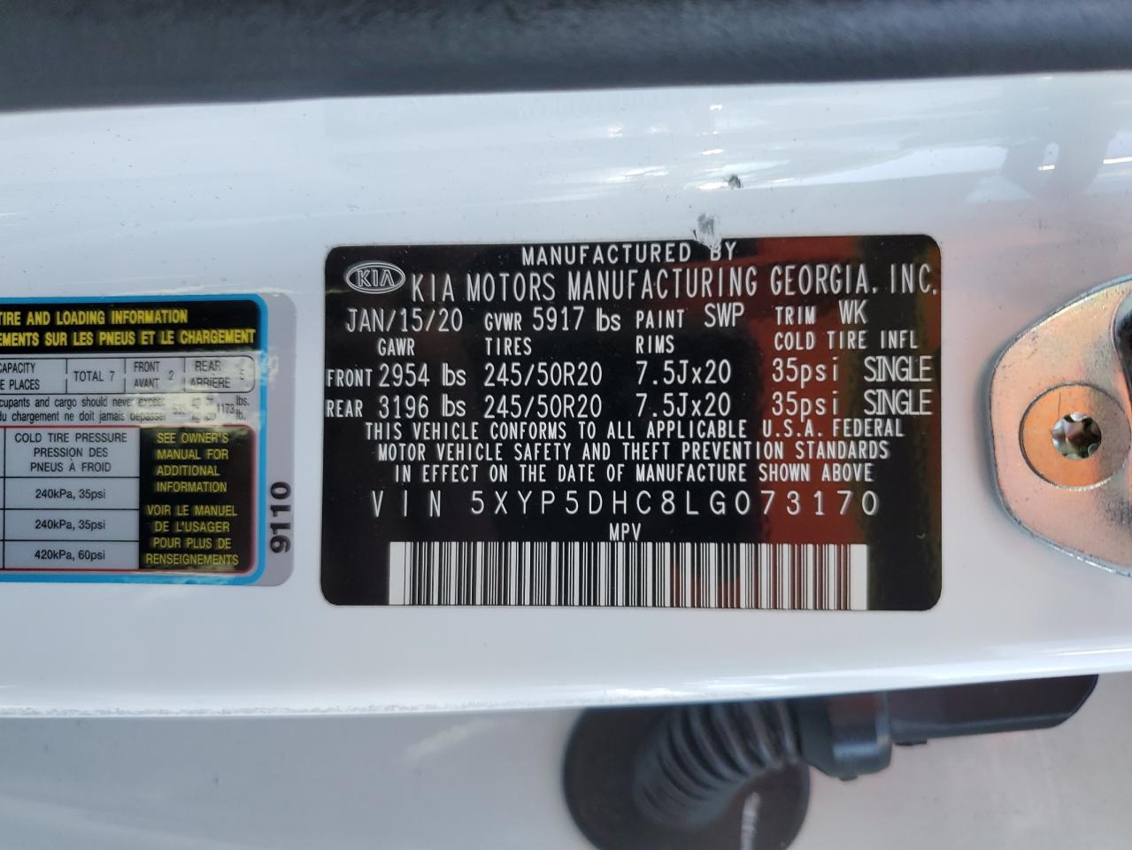 2020 Kia Telluride Sx VIN: 5XYP5DHC8LG073170 Lot: 91422685