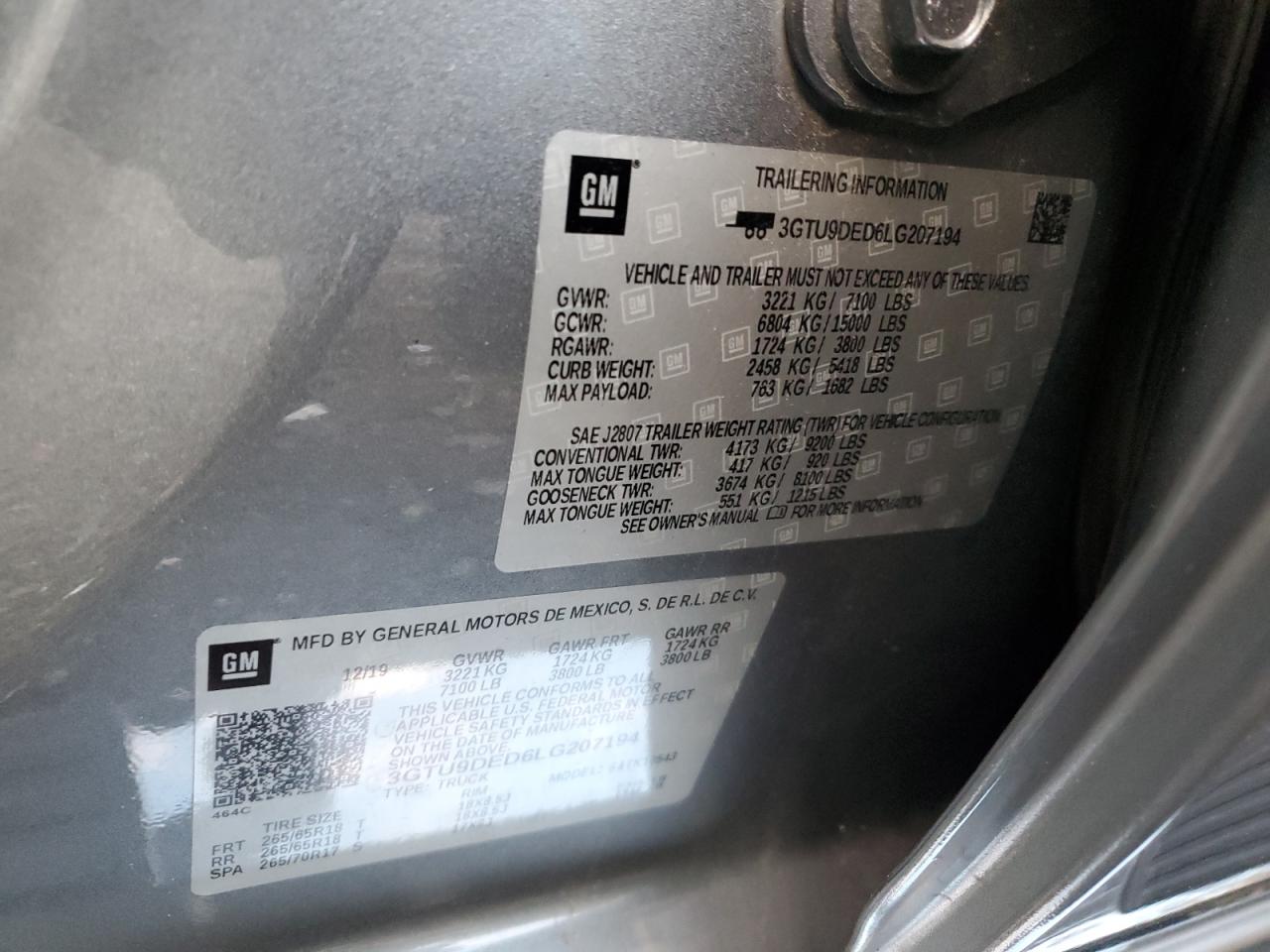 2020 GMC Sierra K1500 Slt VIN: 3GTU9DED6LG207194 Lot: 91690645