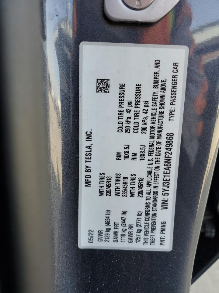 2022 Tesla Model 3 VIN: 5YJ3E1EA6NF249868 Lot: 91277405