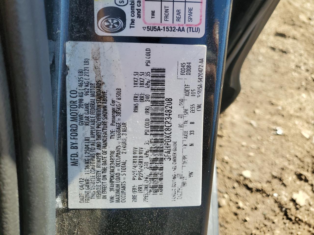 2012 Ford Fusion Sport VIN: 3FAHP0KC8CR348208 Lot: 90403925