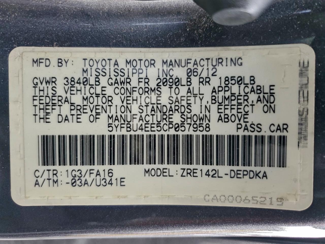 2012 Toyota Corolla Base VIN: 5YFBU4EE5CP057958 Lot: 94056445