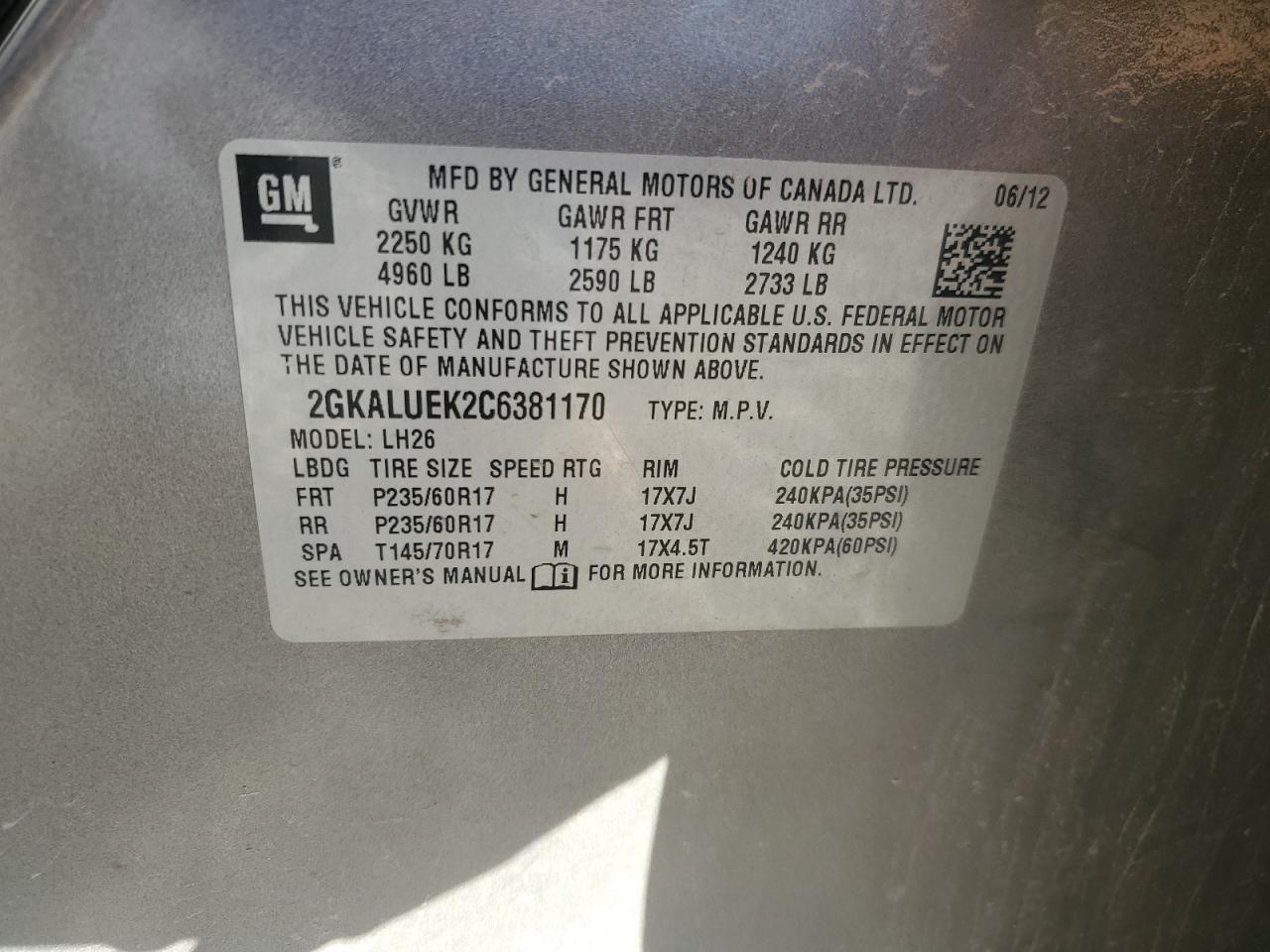 2012 GMC Terrain Slt VIN: 2GKALUEK2C6381170 Lot: 90086235