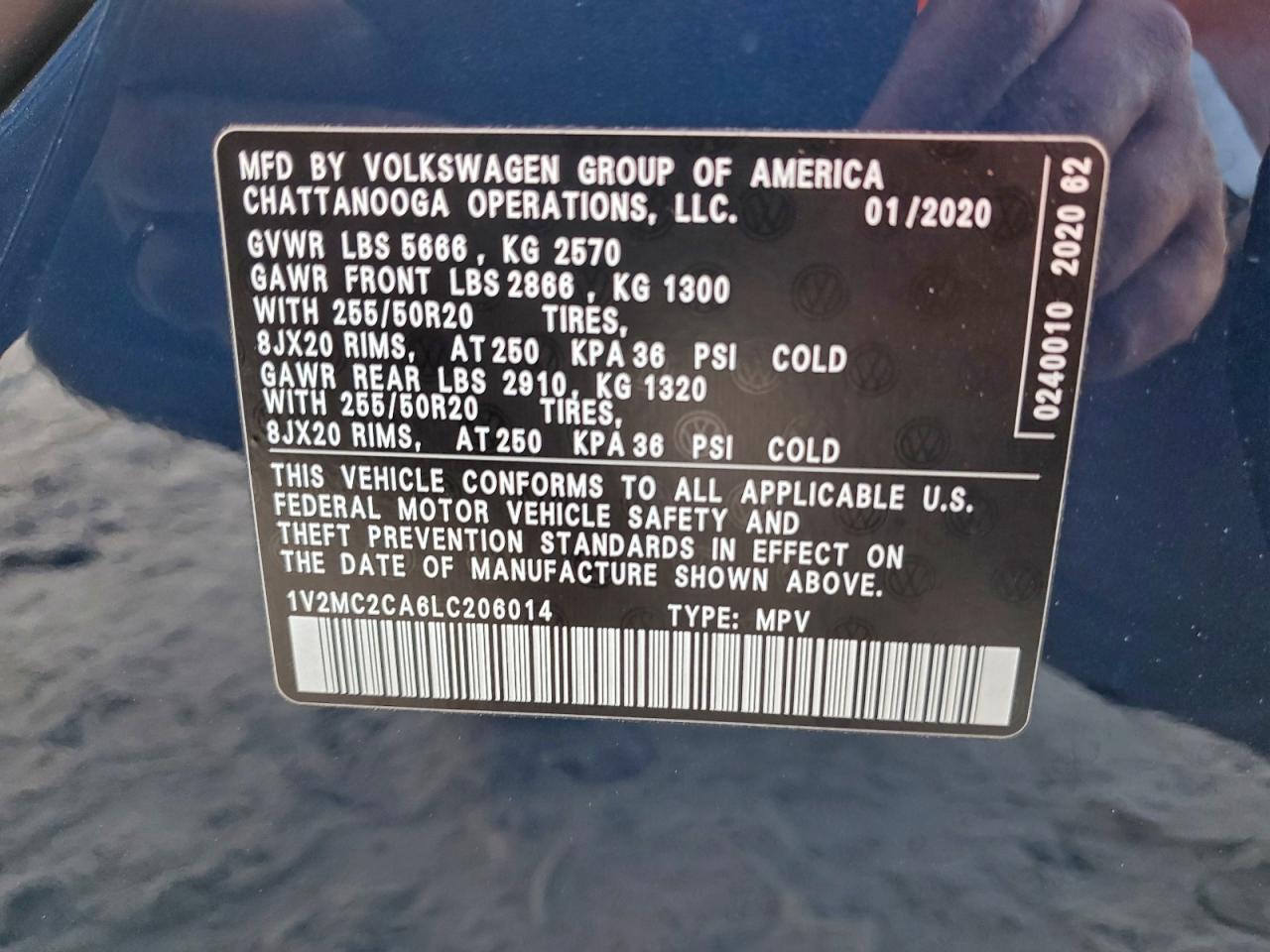 2020 Volkswagen Atlas Cross Sport Sel VIN: 1V2MC2CA6LC206014 Lot: 93973395