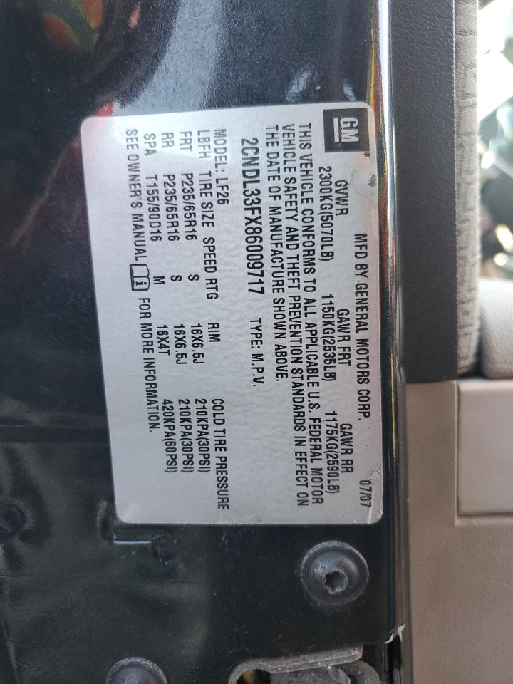 2008 Chevrolet Equinox Lt VIN: 2CNDL33FX86009717 Lot: 91877975