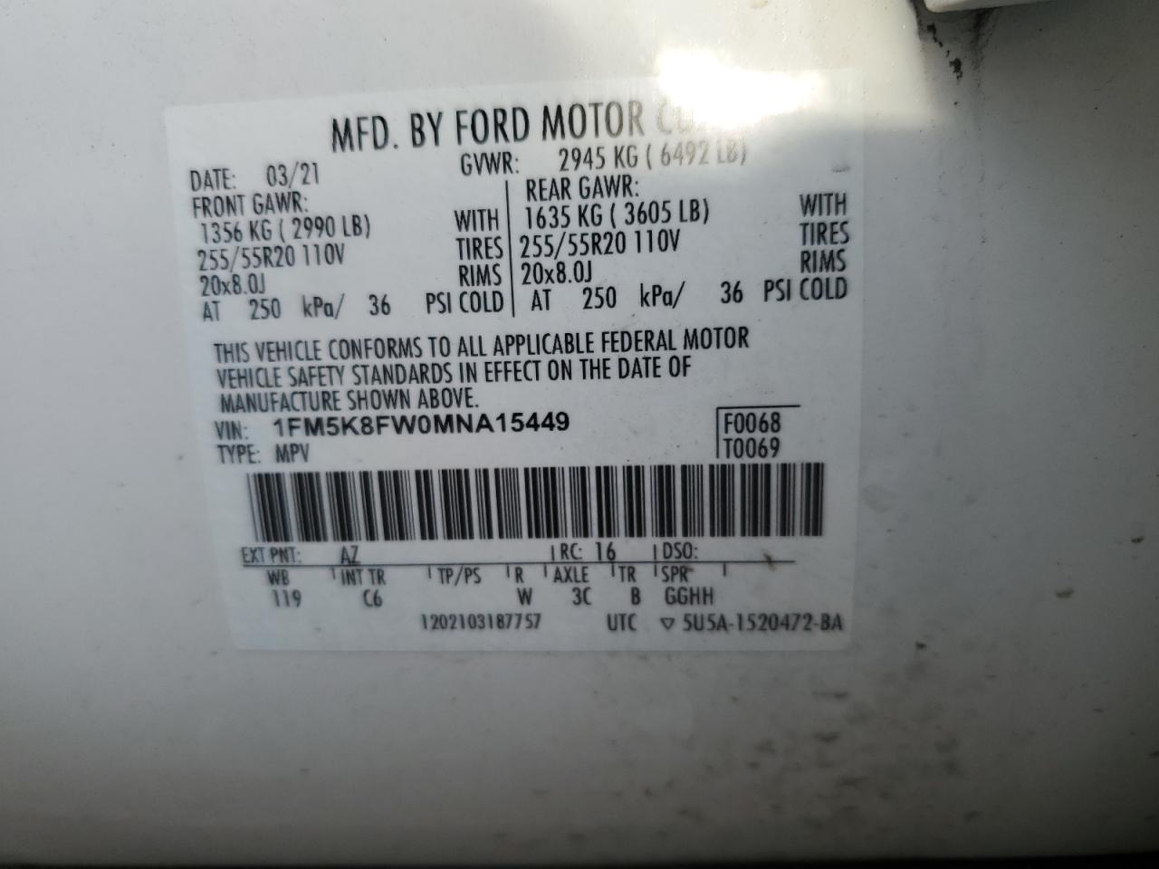 2021 Ford Explorer Limited VIN: 1FM5K8FW0MNA15449 Lot: 92225165