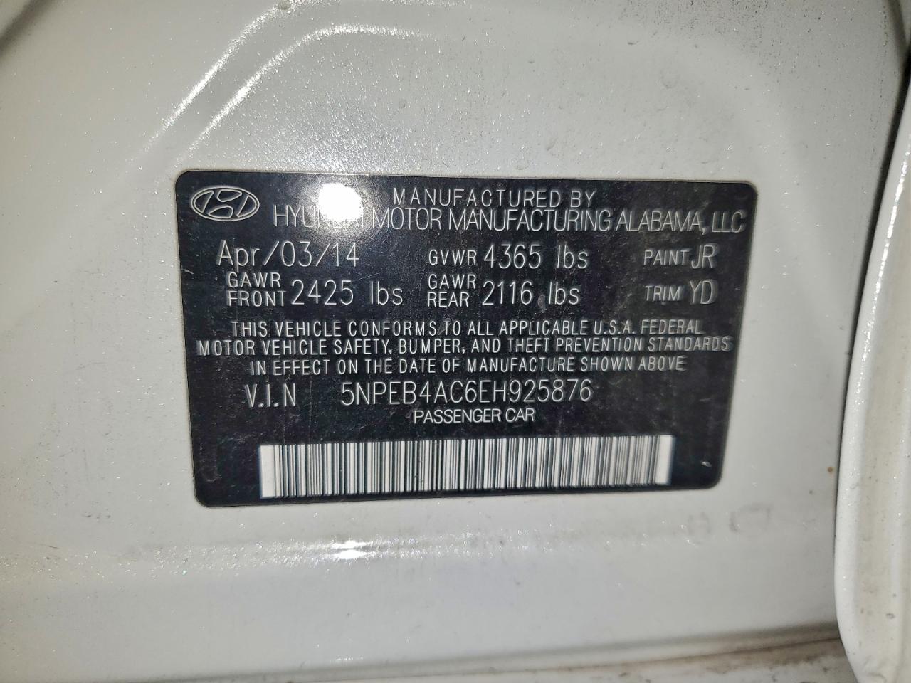 2014 Hyundai Sonata Gls VIN: 5NPEB4AC6EH925876 Lot: 95048175