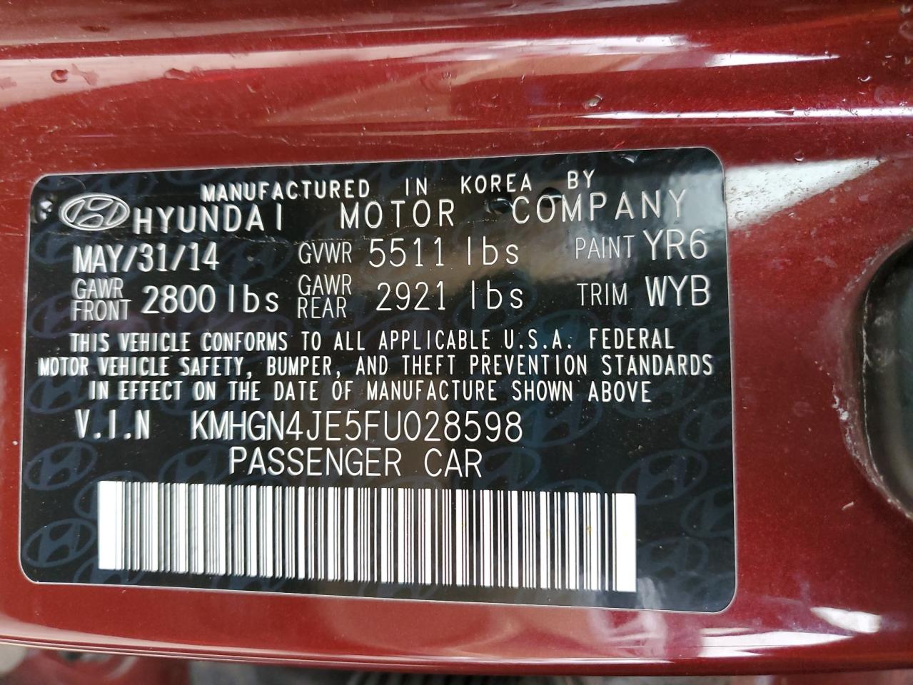 2015 Hyundai Genesis 3.8L VIN: KMHGN4JE5FU028598 Lot: 93080545