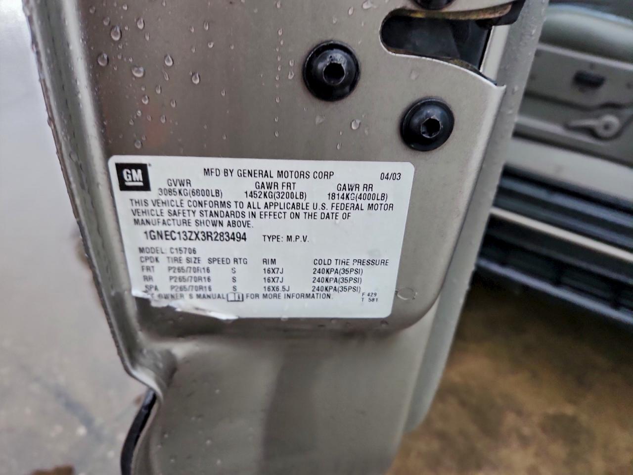 2003 Chevrolet Tahoe C1500 VIN: 1GNEC13ZX3R283494 Lot: 93370935