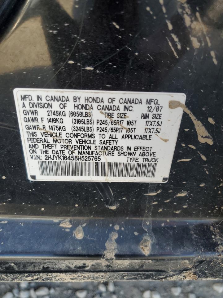 2008 Honda Ridgeline Rts VIN: 2HJYK16458H525765 Lot: 91500555