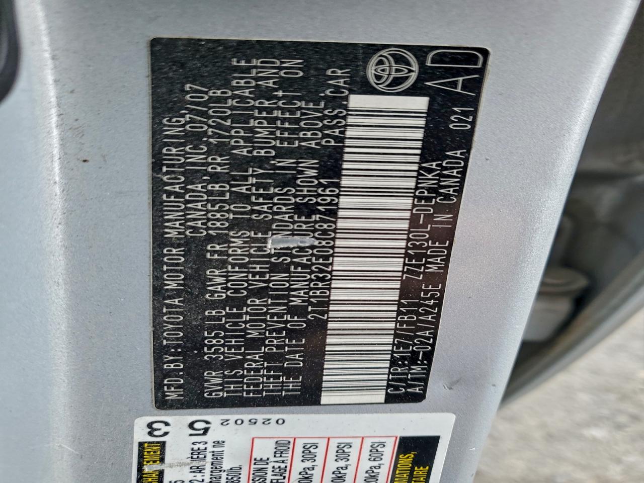 2008 Toyota Corolla Ce VIN: 2T1BR32E08C871961 Lot: 94215425