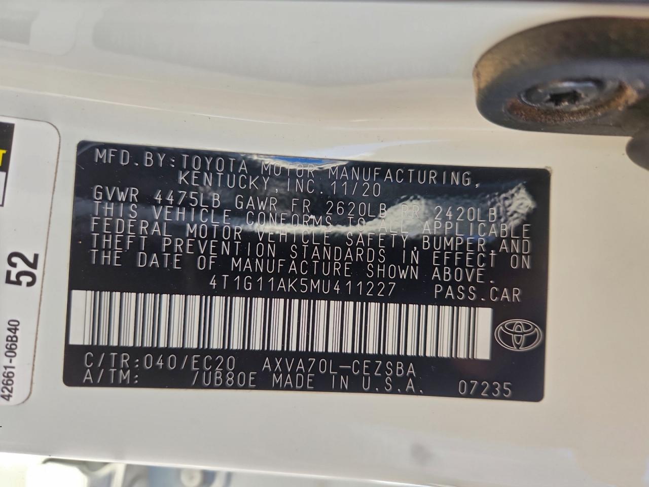 2021 Toyota Camry Se VIN: 4T1G11AK5MU411227 Lot: 94499485